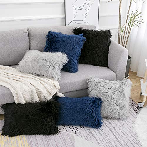 WLNUI Set of 2 Black Decorative Pillow Covers New Luxury Series Merino Style Faux Fur Fluffy Throw Pillow Covers Square Fuzzy Cushion Case 20x20 Inch
