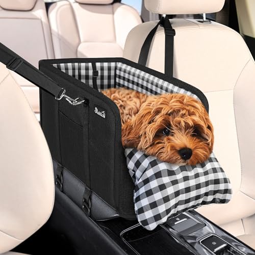 SlowTon Console Dog Car Seat - Portable Dogs Armrest Booster Seat for Small Dog, Anti-Collapse Pet Car Seat with Soft Cushion Safety Belt, Support Pet Up to 11lbs (Black)