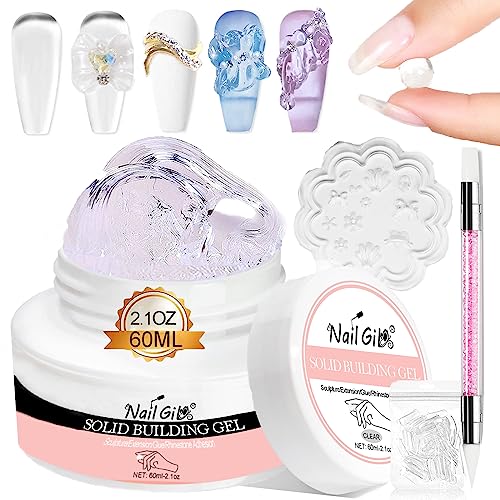 NAILGIL Solid Builder Gel For Nails, 2.1oz Large Capacity 3D Gel Nail Art Sculpture Non-Sticky Hand Clear Extension Gel Sock Off UV LED with 3D Silicone Mold Salon DIY at Home