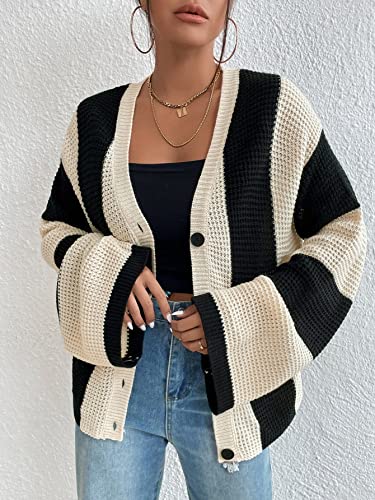 Verdusa Women's Colorblock Lightweight Cardigan Sweaters Button Down Bell Sleeve Knit Outerwear Spring Fall Clothes Black and Apricot Small