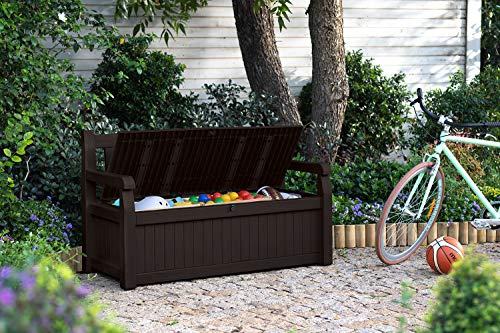 Keter Solana 70 Gallon Storage Bench Deck Box for Patio Furniture, Front Porch Decor and Outdoor Seating – Perfect to Store Garden Tools and Pool Toys, Brown/Brown
