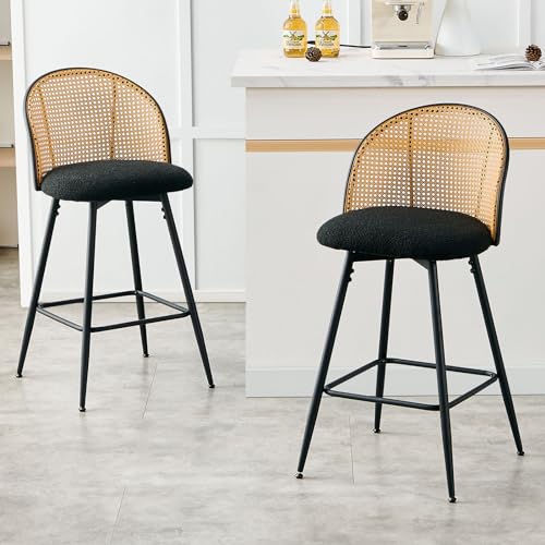 Bekrvio Swivel Bar Stools Set of 4, Mid Century Modern 29" Bar Chairs with Rattan Back and Metal Legs, Upholstered Boucle Fabric Barstools Island Stools for Kitchen Counter, Home Bar, Green