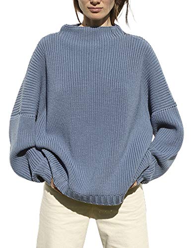 Ugerlov Women's Oversized Sweaters Batwing Sleeve Mock Neck Jumper Tops Chunky Knit Pullover Sweater (Blue, S/M)