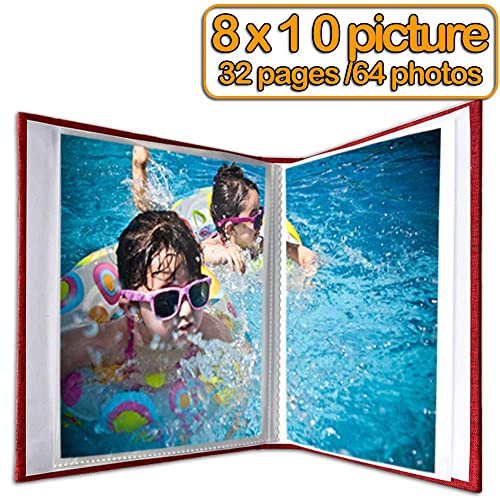 GPIRAL Photo Album 8x10 – 64 Photos for 8x10, Clear Pages, Linen Cover with Front Window, Photo Album for 8x10 Photos, Red