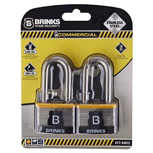 BRINKS - 44mm Commercial Laminated Steel Keyed and Warded Padlock with 2” Shackle - Hardened Stainless Steel Shackle with Steel Locking Bars