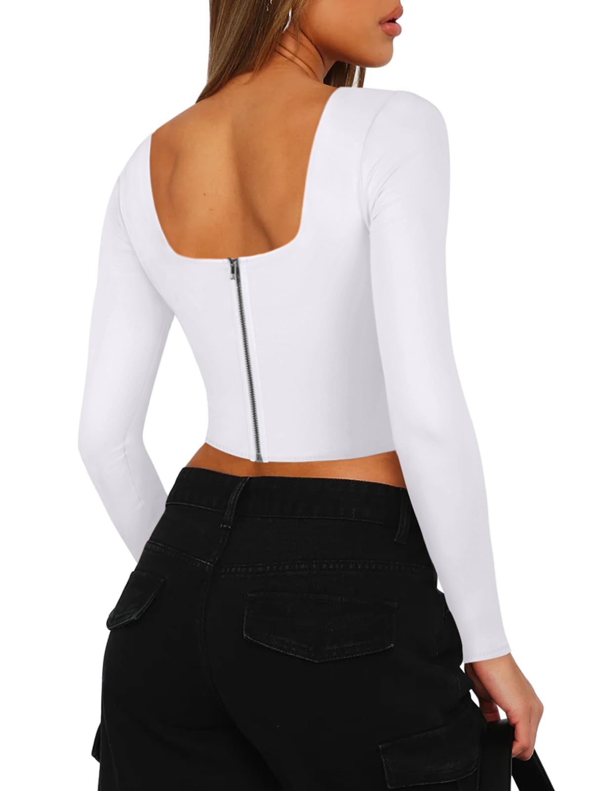 REORIA Womens Sexy Casual Square Neck Long Sleeve Backless Shirts Y2K Trendy Going Out Concert Outfits Boned Bustier Corset Crop Tops White Medium
