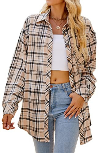 CHYRII Womens Button Down Flannel Shirts Long Sleeve Plaid Shacket Business Casual Blouse Topss Pink-7123 M
