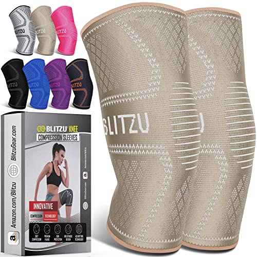 BLITZU 2 Pack Knee Brace, Compression Knee Sleeves for Men, Women, Running, Working out, Weight Lifting, Sports. Knee Braces Support for Knee Pain Meniscus Tear, ACL, Arthritis Pain Relief. Beige S