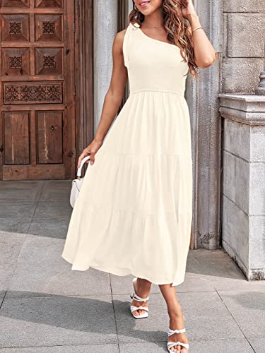 MEROKEETY Women's One Shoulder Sleeveless Shirred High Waist Swing A-Line Midi Maxi Dress,Dustyblue,M