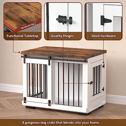 Zakkart Dog Crate Furniture Barn Door for Medium Dogs Up to 40 lbs. - Puppy Kennel w/Thickened Farmhouse Top & Steel Bars - 30'' Wide - White Decorative Modern Dog Crate Table, End Table, Nightstand