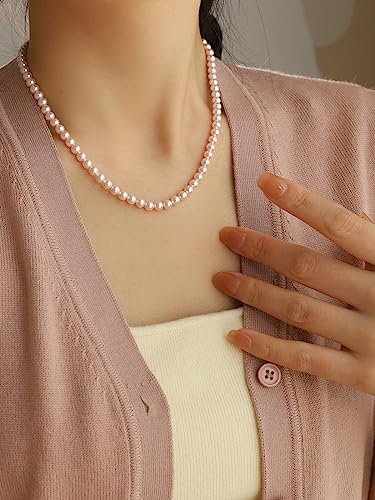 Aleasha 14" Faux Pearl Choker for Women 6mm Light Pink Pearl Strand Necklace Wedding Jewelry Gifts