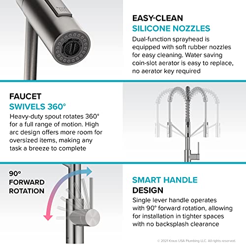 KRAUS Oletto Commercial Style Single Handle Pull Down Kitchen Faucet with QuickDock Top Mount Installation Assembly in Spot Free Stainless Steel, KPF-2631SFS