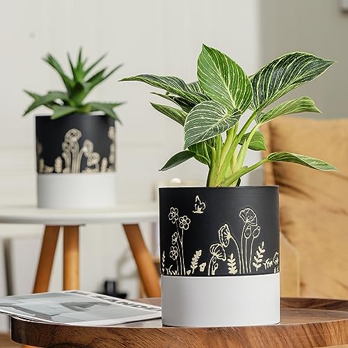 Nihow Self Watering Plant Pot: 6 Inch Ceramic Planter with Drainage Hole & Water Storage Plus for Indoor & Outdoor Plants - Cylinder Round Flower Pot for Succulent/Herbs/Violets -Black