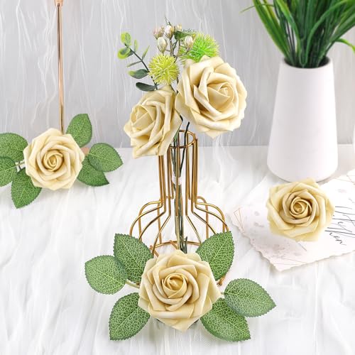 AmyHomie Artificial Flower Ivory Rose 25pcs Real Looking Fake Roses w/Stem for DIY Wedding Bouquets Centerpieces Arrangements Party Baby Shower Home Decorations