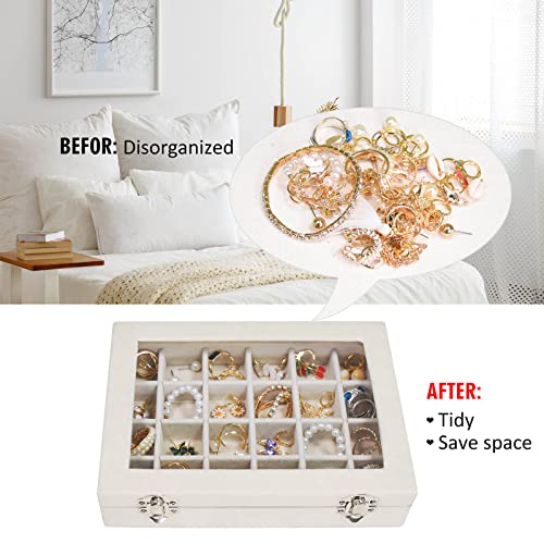 Vicoter Velvet Jewelry Box 24 Grid Jewelry Ring Display Organiser Box Tray Holder Earrings Storage Case for Girls Wife Mom Women (Beige)