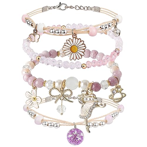 DS Beaded Charm Bracelets for Teen Girls Cute Cartoon 4 PCS Crystal Beads Pearl anime Bracelets for woman girls Adjustable Stretch bracelet anklets birthday Gift For daughter Friends-Purple Dolphin