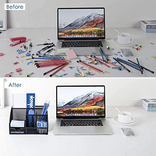 Refand Mesh Desk Organizer, Desktop Office Supplies Multi-Functional Caddy Pen Holder Stationery with 6 Compartments and 1 Drawer for Office, Home, School, Classroom