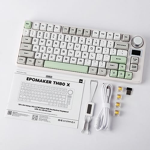 EPOMAKER TH80-X Gasket Mechanical Keyboard, 75% Layout Triple Mode Hot-swap Gaming Keyboard with 4000mAh Battery, LCD Screen, NKRO, RGB for Office/Win/Mac (Green, Epomaker Flamingo Switch)