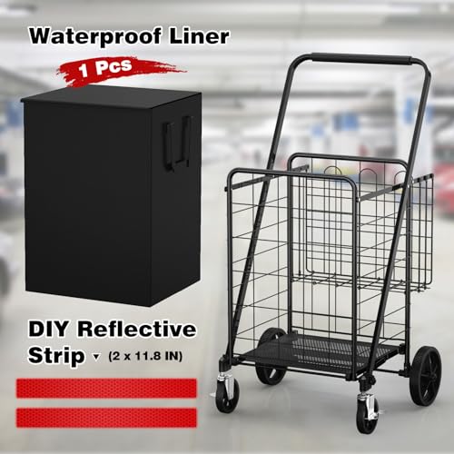 XING LANG Folding Shopping Cart with 360° Rolling Swivel Wheels & Brakes - 4.3ft³ Foldable Grocery Cart with Double Basket & Liner, 420lbs Portable Heavy Duty Utility Carts for Laundry Luggage Travel