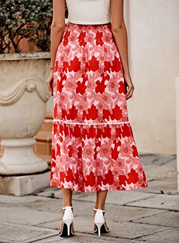 BTFBM Women 2024 Summer Spring Floral Long Skirts Casual Elastic High Waist Pleated Swing A Line Boho Beach Maxi Skirt(Flower Blue Pink, Medium)