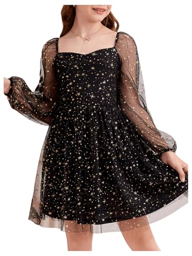 WDIRARA Girl's Polka Dots Mesh Puff Long Sleeve Ruffle Hem A Line Dress Black Star 8Y