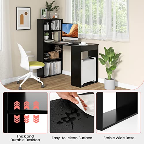 IFANNY 48 Inch Computer Desk with Bookshelf, Reversible Study Writing Desk with Storage Shelves & CPU Stand, Compact Office Desks & Workstations, Black Desk for Bedroom, Kids Room, Study (Black)