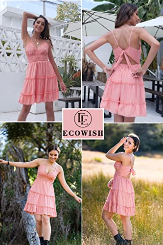 ECOWISH Womens V-Neck Spaghetti Strap Bowknot Backless Sleeveless Lace Mini Swing Skater Dress Black 2 Small