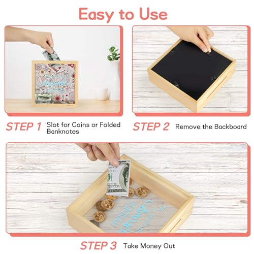 Piggy Bank for Kids. Wooden Money Coin Bank for Boys and Girls. Coin Bank Money Bank. Natural Wood Money Box. Printed on The Plexiglass Front-Make Your Dreams Happen.