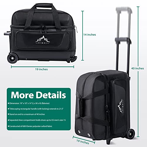 GoHimal Double Roller 2 Ball Bowling Bag with Separate Shoe Compartment for Bowling Shoes (Up To US Mens Size 15) and Oversized Accessory Pocket, Retractable Handle - Extends to 40" (Black)