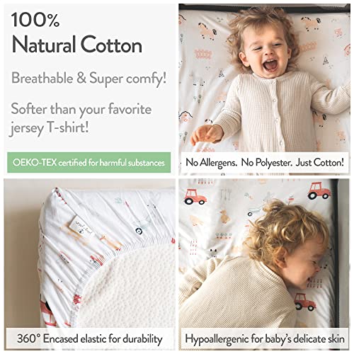 Pack and Play Sheets Fitted – Compatible with 4moms Breeze Plus Playard and Other Large Playpen Mattress – Snuggly Soft 100% Jersey Cotton – Farm Animals – 2 Pack