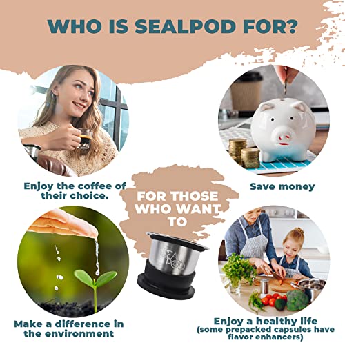 SEAL POD Refillable Coffee Capsules – Stainless Steel Refillable Pods Compatible with Nespresso Original Machines- Eco-Friendly Reuse Espresso filters – Pack of 1 Coffee Pod, 100 Lids