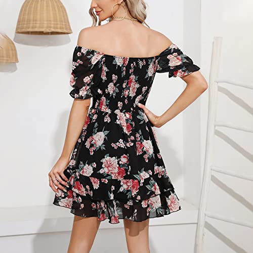 EXLURA Womens Summer Dress Floral Ruffle Tiered Square Neck Sundress Short Sleeve Off Shoulder Smocked Mini Dresses
