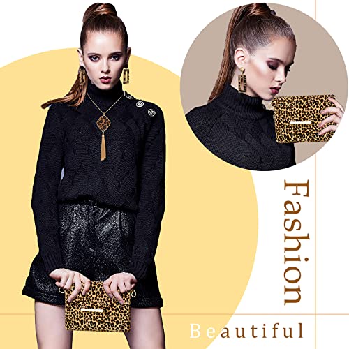 Sotiff 5 Pcs Women Leopard Purse Leopard Jewelry Set Necklaces Clutch Earring Leather Wrap Bracelets Long Tassel Pendant(Classic)