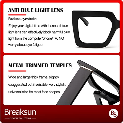 Breaksun Oversized Blue Light Glasses for Women Fashion Thick Square Computer Eyewear Non-Prescription Black Glasses (White)