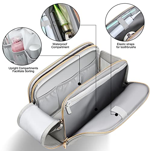 BOOMRICH Travel Makeup Bag, Cosmetic Bag, Toiletry Bag for Women, Water-Resistant Leather Toiletry Organizer, Large Dopp Kit for Toiletries Accessories, Blue Grey