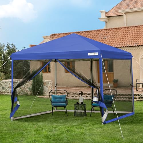 VIVOHOME 8x8ft Easy Pop-Up Screen Tent, Outdoor Canopy Tent Mosquito Netting, 2 Zipper Doors, and Roller Bag for Yard Camping Picnic Party Events, Blue