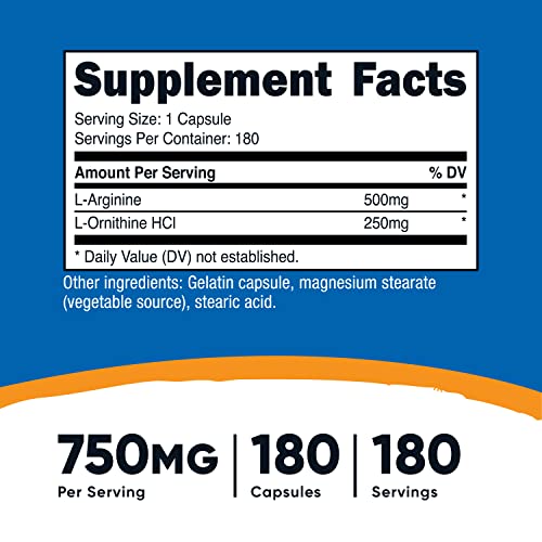 Nutricost L-Arginine L-Ornithine 750mg; 180 Capsules (2 Bottles)
