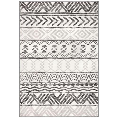 Lansny 8x10 Area Rugs for Living Room, Ivory Navy Blue Moroccan Washable Large Area Rug, Boho Non-Slip Foldable Rugs Distressed Print Faux Wool Indoor Rugs for Bedroom Office Dining Room