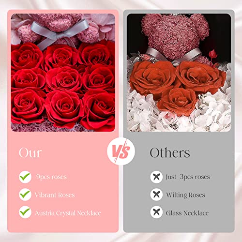 S SIVERY Preserved Red Rose Moss Bear with Crystal Pendent Necklace Gifts for Women - Mothers Day Gifts for Mom - Birthday Gifts for Girlfriend, Wife Gifts for Anniversary