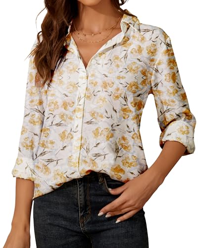 YAMANMAN Womens Button Down Shirt Long Sleeve Classic Collared Tops Work Office Casual Chiffon Blouse