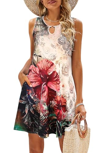 SimpleFun Boho Summer Dresses with Pockets Fashion Sundress Sleeveless Beach Dress Red,M