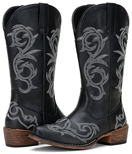 Jeossy Women's 9808 Whisky Cowboy Boots for Women, Round Toe Cowgirl Boots, Western Embroidered Mid High Wide Calf Chunky Pull on Boot with Inner Zipper Size 6(DJY9808 Whisky 06)
