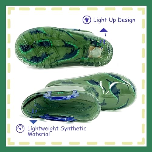 Outee Toddler Boys Rain Boots Little Kids Baby Light Up Printed Waterproof Mud Shoes Blue Shark Lightweight Rubber Adorable with Easy-On Handles Non Slip (Size 6,BLue)