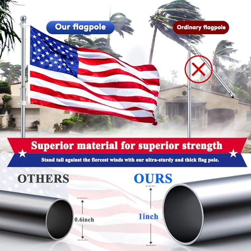 PHITRIC Flag Pole for Kit, 5FT Stainless Steel Flagpole for 3x5 American Flag, Weather Resistant 1" Flag Poles for Outside House, Tangle Free (Silver, Without Bracket)