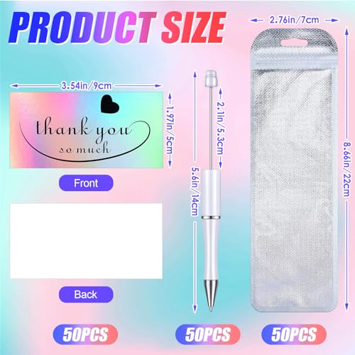 Yeaqee 150 Pieces Beadable Pens Kit 50 Pieces Colors Plastic Beaded Ballpoint Pens Bulk 50 Foil Thank You Cards with 50 Resealable Packaging Bags for School DIY Making Gift(Bright Style)