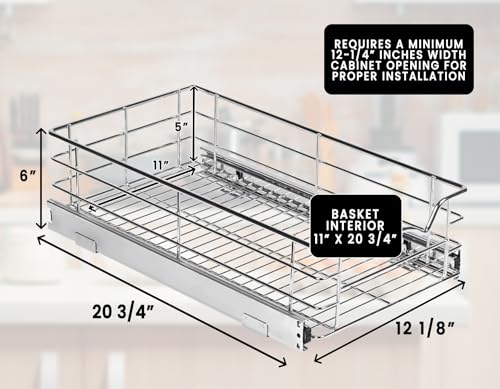 HOLD N’ STORAGE Heavy-Duty Premium Collection Pull Out Cabinet Organizer - Pantry Drawer Slide Out Caddy -Lifetime Limited Warranty - Basket Size 11" W x 21" D x 5" H, Anti-Rust Chrome Finish