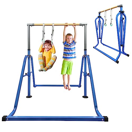 GLANT Gymnastics Bar for Kids with Rings Set, 7 Heights Adjustable Easy Folding Gymnastic Training Bar Kids Monkey Horizontal Bars - Max Load 300LBS (Blue)