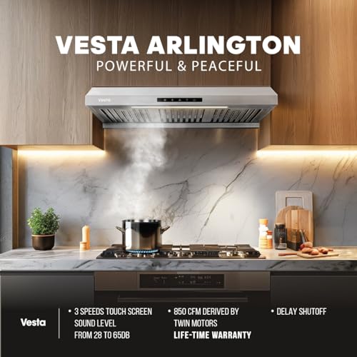 Vesta Arlington 850 CFM Powerful 30 Inch Under Cabinet Range Hood With Seamless Stainless Steel Body, Twin Turbo Motors, 3 Speed Touch Screen, Delay Shutoff, Round Vent, LED Lights, Oil Collector