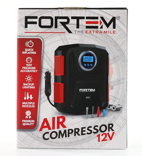FORTEM Tire Inflator Portable Air Compressor 150 PSI, 12V Electric Bike Pump for Car Tires and Bicycles with LED Light, Digital Tire Pressure Gauge w/Auto Pump/Shut Off, Carrying Case (Black)