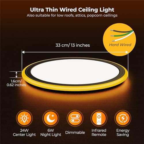 BLNAN 13in LED Flush Mount Ceiling Light Fixture with Remote Control, Dimmable Night Light 2000K, 3000K-6500K 24W Wired Low Profile Light for Bedroom, Kitchen, Living Room, Round Black